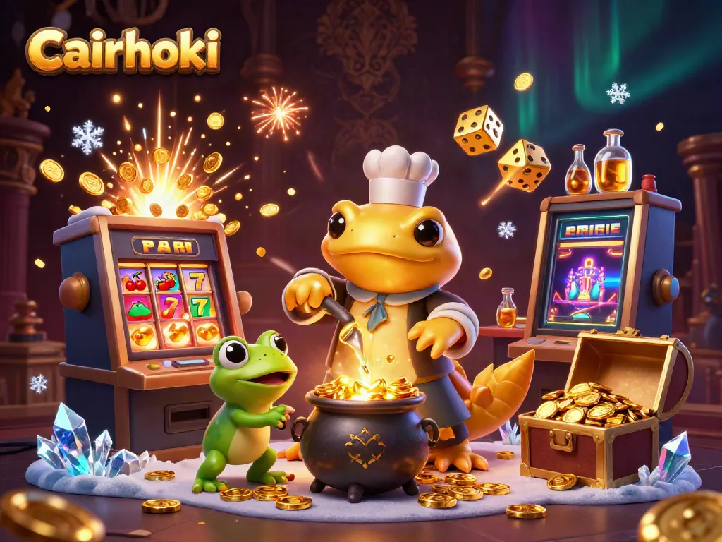 Gambarkan pengalaman bermain cairhoki dengan salamander alkemis dan permainan kasino berwarna emas.