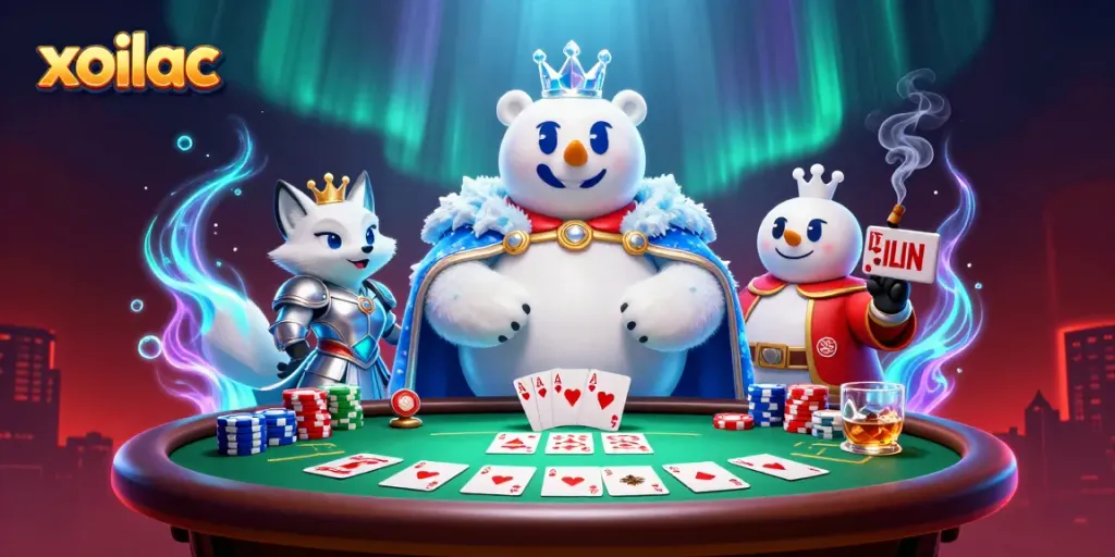 Experience the thrill of xoilac with a cartoon ice king and snow fox amidst vibrant casino elements.