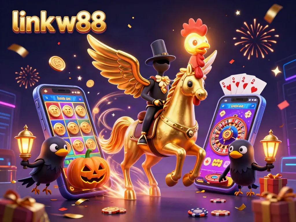 Engage with the link w88 experience in this vibrant casino-themed digital art featuring a golden rooster and friends.