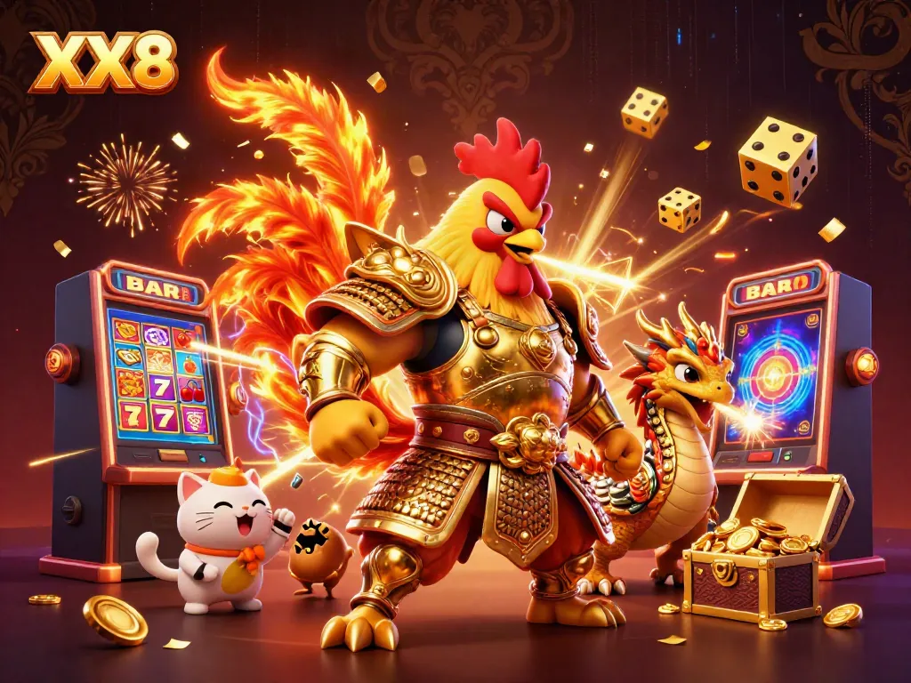 Experience the magic of XX8 with a vibrant 3D casino scene featuring dynamic characters and slot elements.