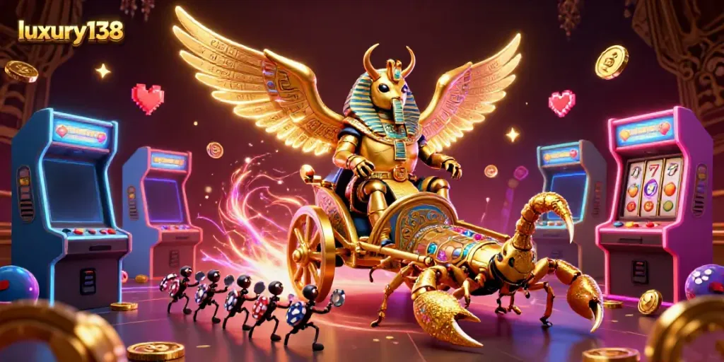 Experience the thrill of luxury138's vibrant casino with dynamic game elements and colorful 3D illustrations.