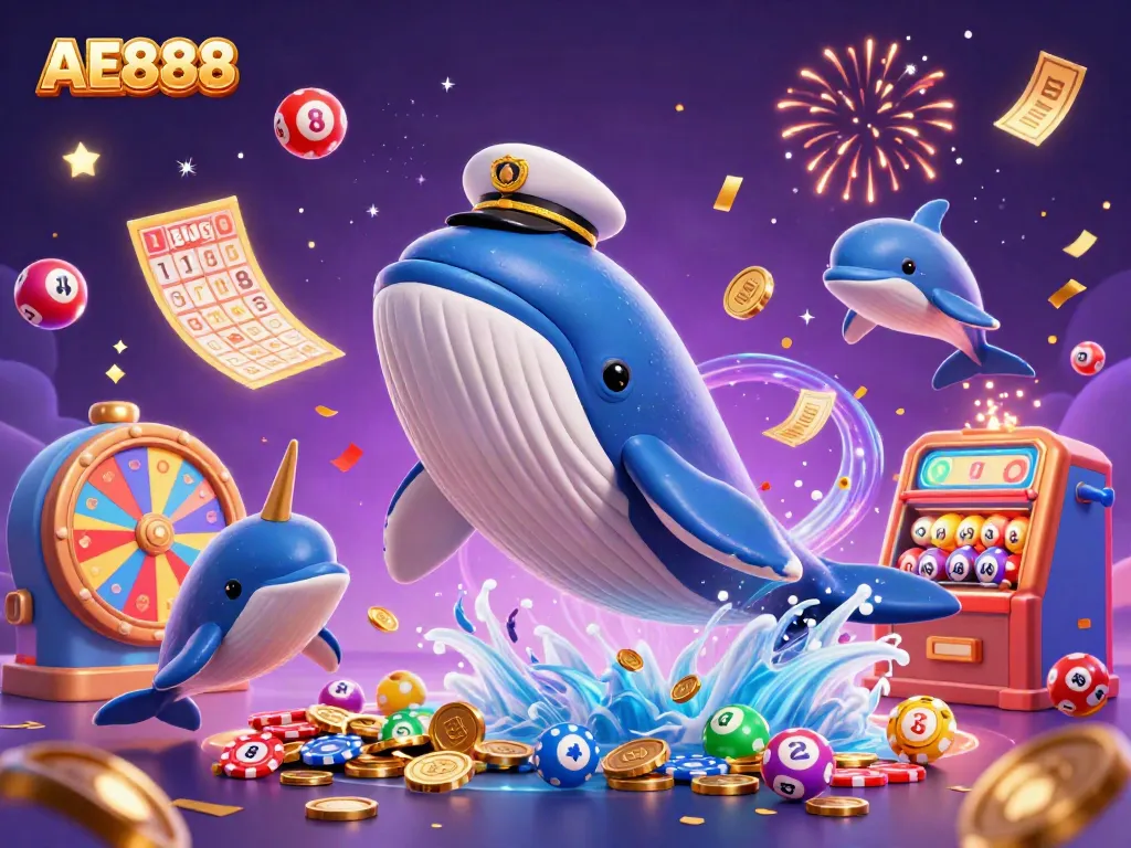 Engage in thrilling gameplay at AE888 with a whimsical scene featuring a whale, narwhal, and dolphins.