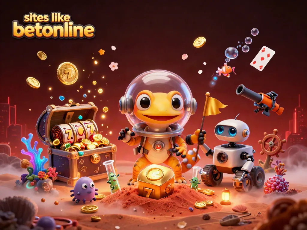 Engage with the vibrant scene showcasing sites like betonline featuring a Martian gecko discovering a golden casino amidst slot reels and gems.