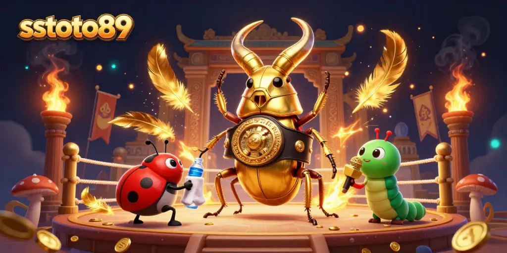 sstoto89 menampilkan ilustrasi kasino 3D dengan serangga bertinju di arena bertema meriah.