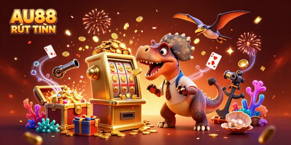 Win big with AU88 RÚT TIỀN in this vibrant 3D casino scene featuring jackpot excitement.