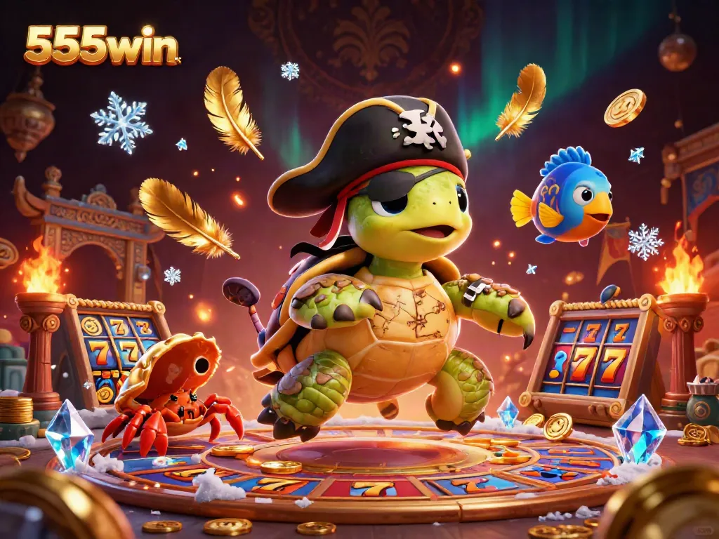 Experience thrilling wins with the 555win apk as cartoon characters explore a vibrant casino scene.