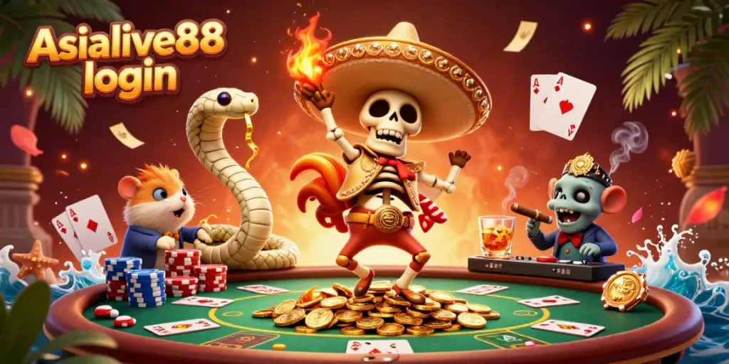 Engage with Asialive88 login amidst vibrant 3D casino characters celebrating victories.