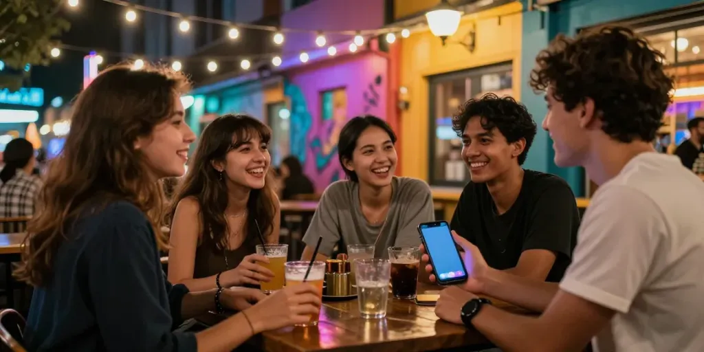 Suasana malam urban dengan sekelompok pemuda menikmati bokep sambil bercakap-cakap di bar luar ruangan.