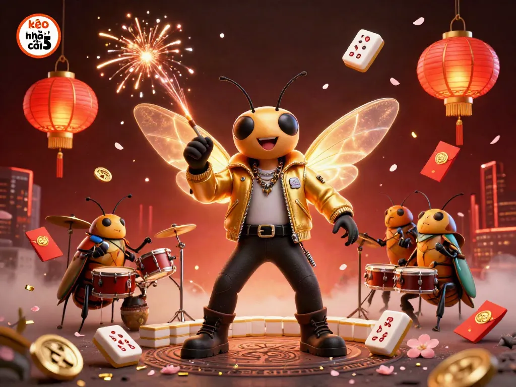 Engage with kèo nhà cái 5 in a vibrant, energetic 3D illustration featuring a cicada rock star and gambling elements.