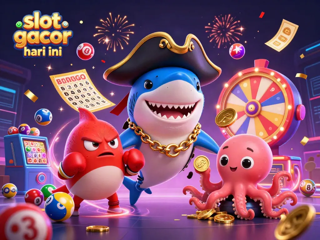 Ilustrasi kasino slot gacor hari ini dengan karakter laut seru dan elemen permainan.