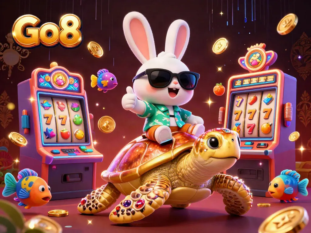 Engage in thrilling casino fun at Go8, featuring a lucky rabbit and golden turtle amidst colorful slot machines.