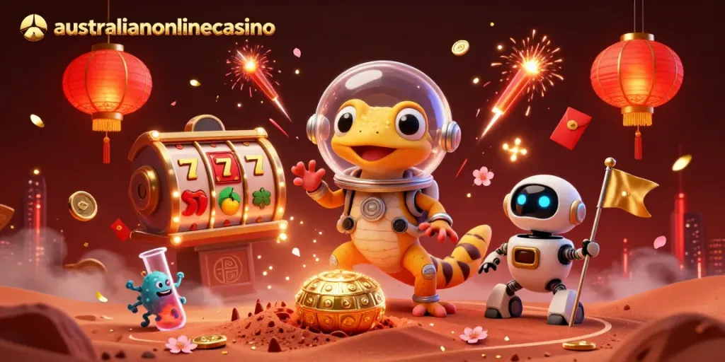 Experience thrilling wins with the dynamic australianonlinecasino scene featuring electronic slot reels and cheerful Martian characters.