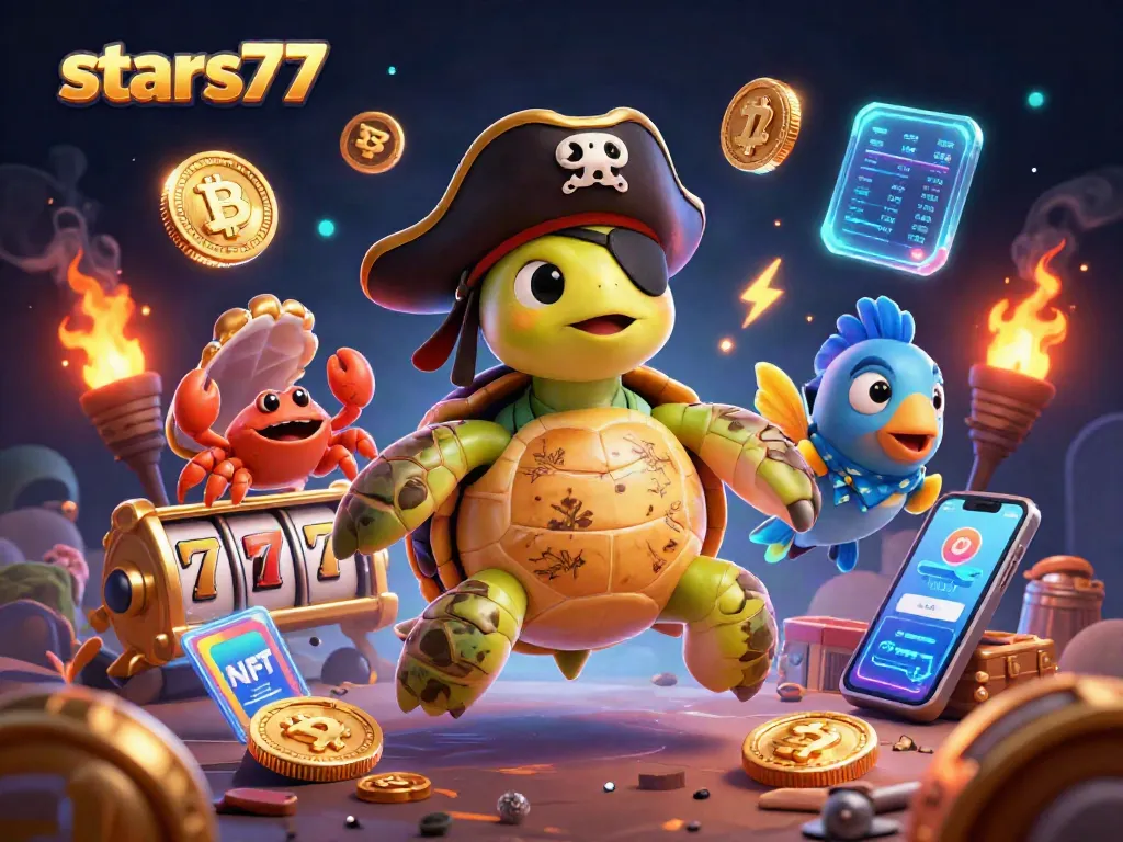Stars77 menyajikan pengalaman game kasino lengkap dengan simbol slot dan elemen cryptocurrency.