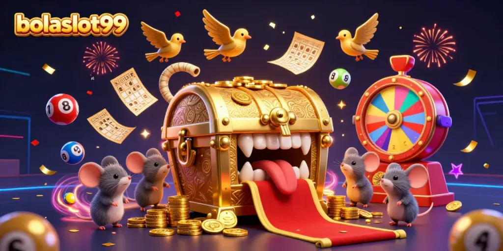 Engage with bolaslot99's adventure in wealth as cartoon mice discover treasures amidst colorful lottery elements.