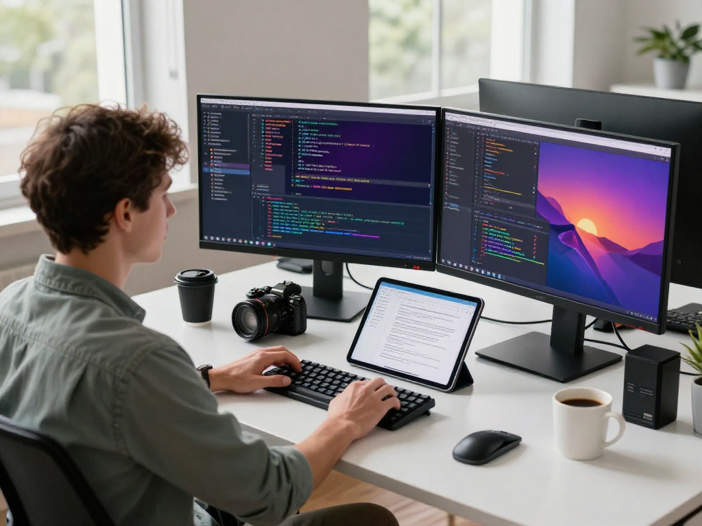 Developer di https://bos88ap.com/ dengan monitor menampilkan kode dalam lingkungan kerja modern, pencahayaan alami menambah suasana.