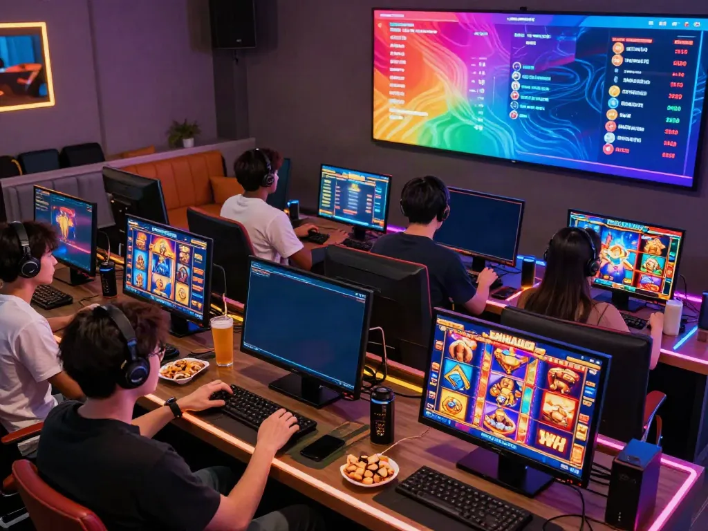 Players enjoying AHHA4D slot games in a vibrant gaming lounge