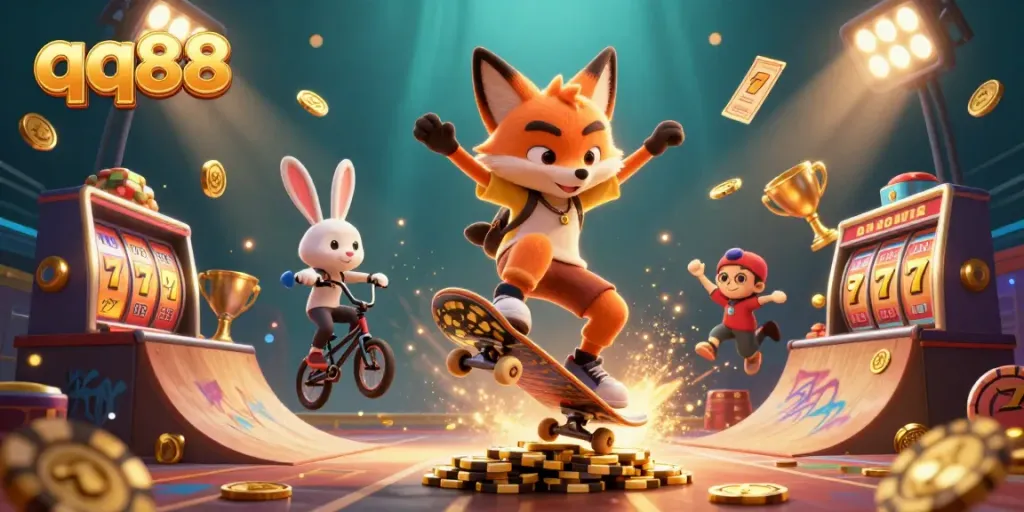 Experience exciting slot action with qq88 in this vibrant 3D illustration showcasing gambling fun.