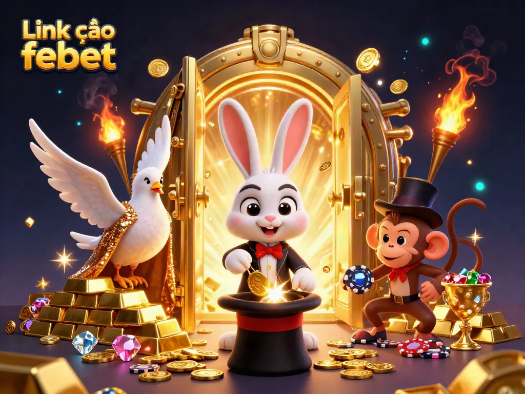 Engage in thrilling gaming action with Link vào febet, featuring a magician rabbit and dazzling casino elements