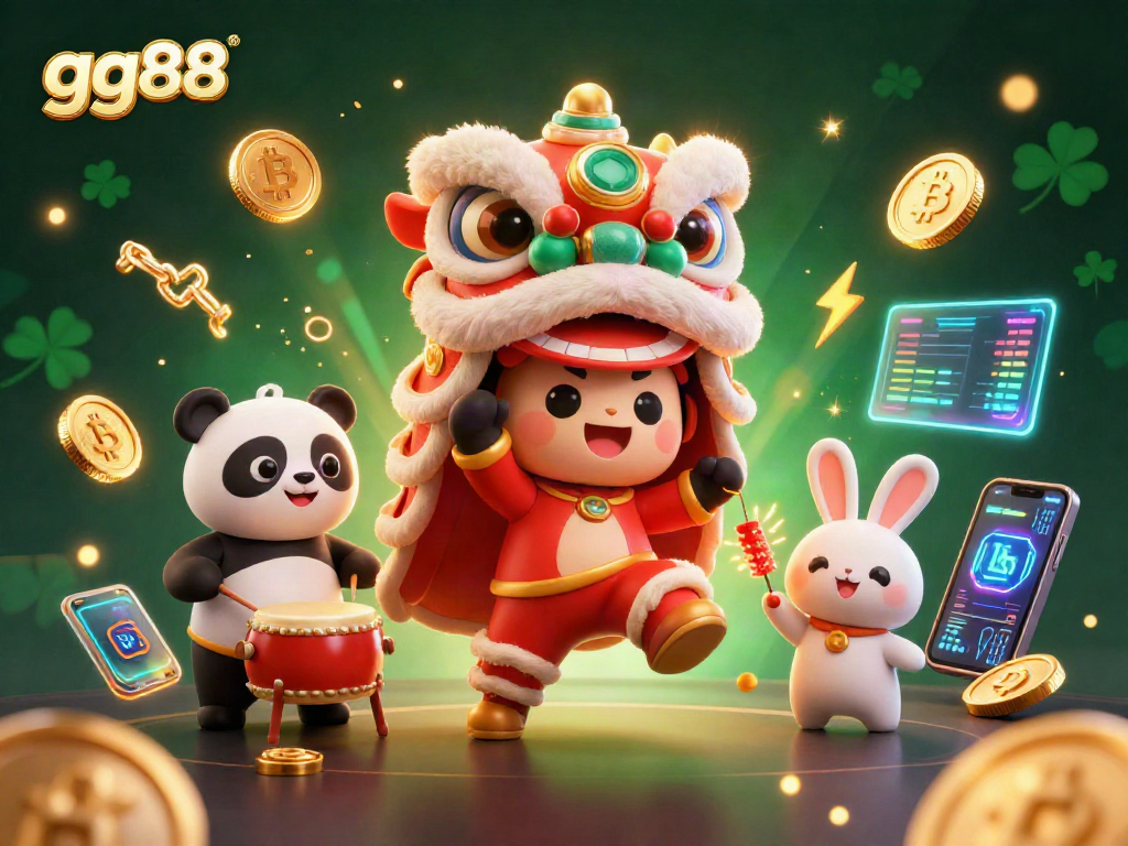 Join the celebration with gg88 at this vibrant casino-themed scene featuring a lion dance and crypto elements.