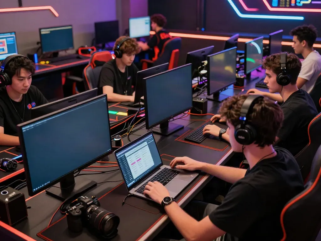 Players engaging in online gambling at akunjp with vibrant lighting and gaming accessories.