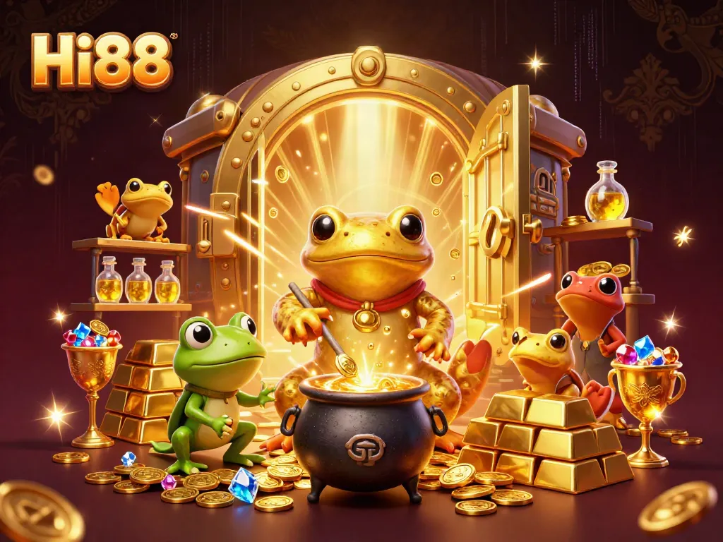 Hi88 showcases a vivid 3D scene with an alchemist and gold treasures, highlighting thrilling casino dynamics.
