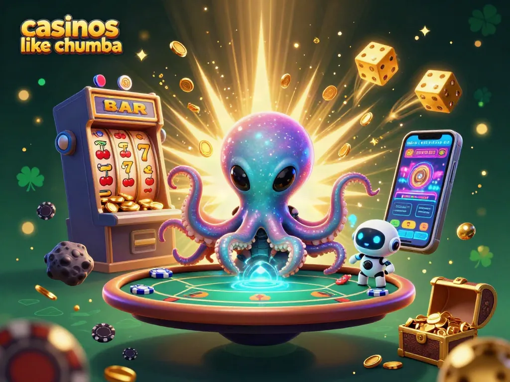 Engage in casinos like Chumba with a thrilling alien octopus at a holographic poker table among vibrant slots.
