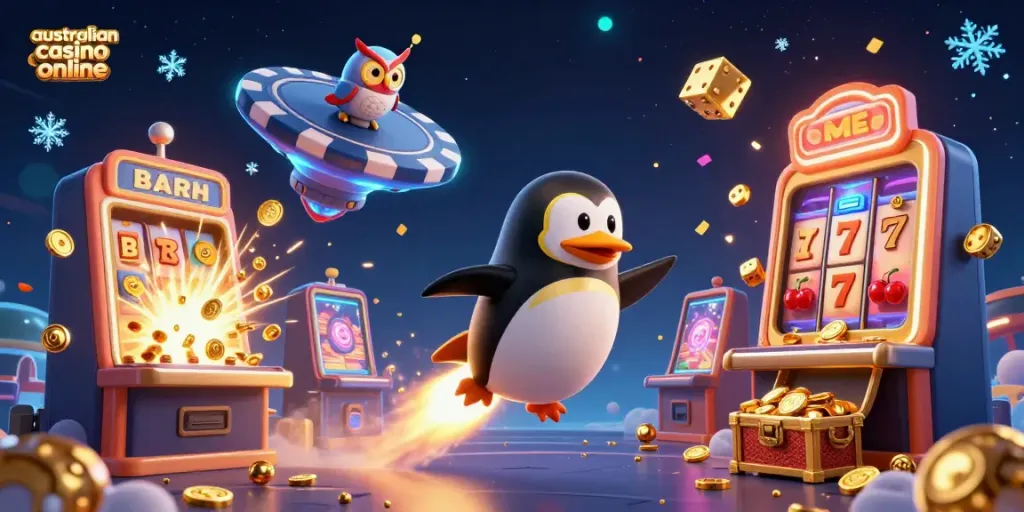 Experience the thrill of an australian casino online with a cartoon penguin launching towards a cosmic poker chip casino.