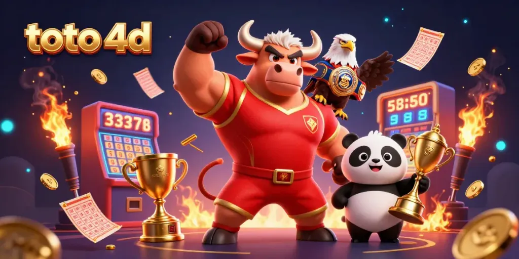Mengambil peluang menang dengan toto 4d, karakter 3D kartun menyemarakkan suasana dengan elemen taruhan menarik.