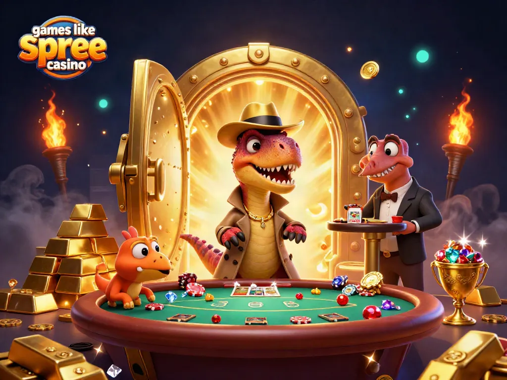 Play fun games like spree casino in a lively 3D illustration filled with vibrant casino elements.