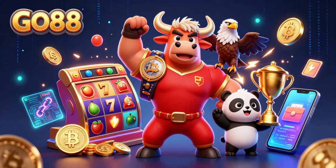 Engage with GO88 at the casino, represented by vibrant characters amidst slot reels.