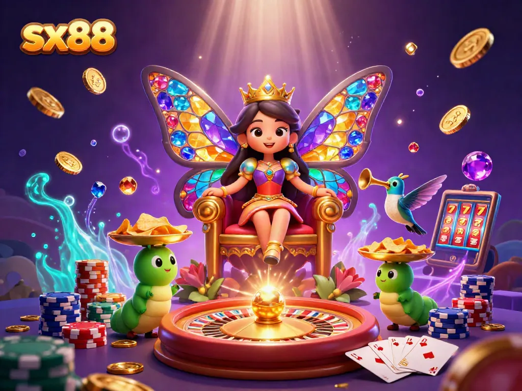 Engage with sx88’s vibrant neon casino thrills and colorful characters amidst golden chips and spinning roulette.