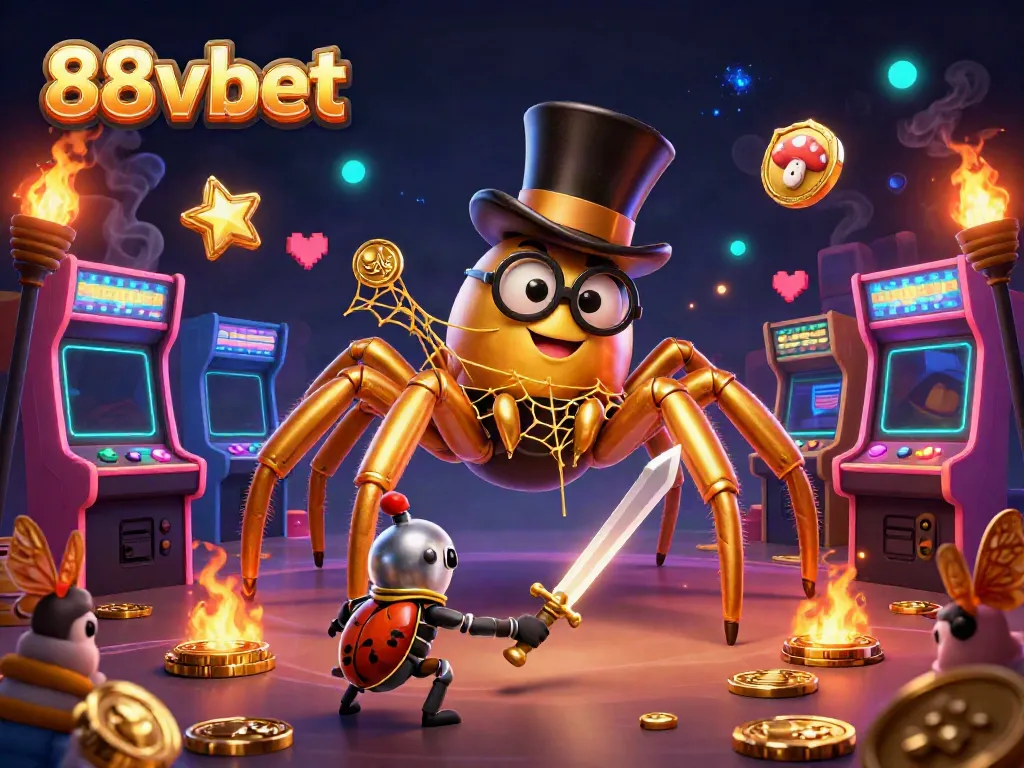 Engage with immersive gaming at 88vbet, featuring a vivid 3D scene of a golden tarantula and beetle knight.