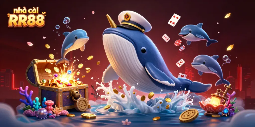 Engage with nhà cái RR88 through this vibrant 3D casino scene featuring playful dolphins and a whimsical whale.