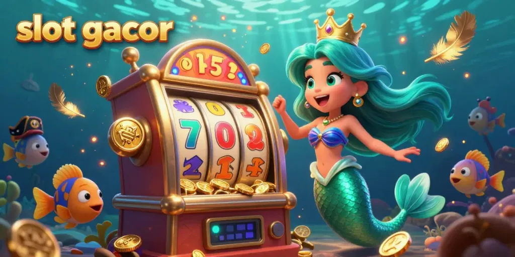 Putri duyung merayakan jackpot slot gacor di dunia bawah laut dengan ikan-ikan kartun berwarna.