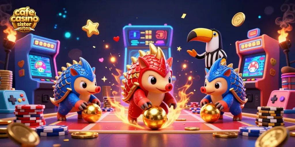 Experience thrilling action at cafe casino sister sites with vibrant pangolins and neon game elements.