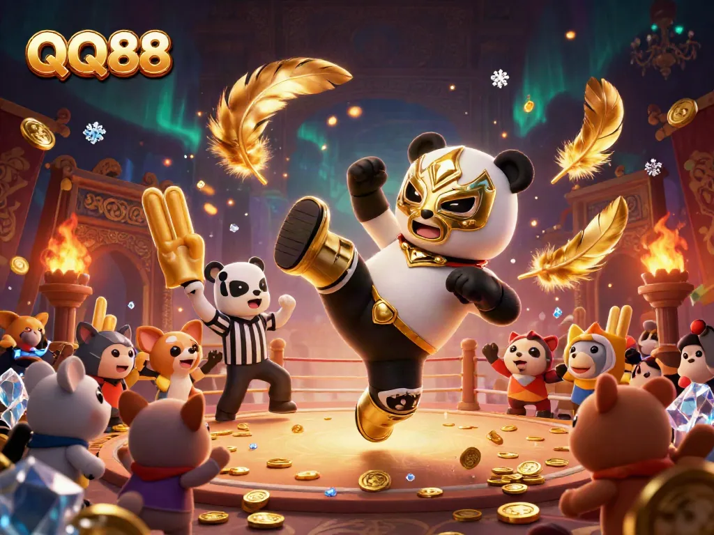 Engage in thrilling gaming action at QQ88, where a panda wrestler and chihuahua referee bring excitement to the arena.