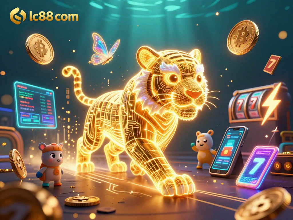 Engage with lc88 com in a vibrant 3D casino scene featuring neon elements and digital coins.