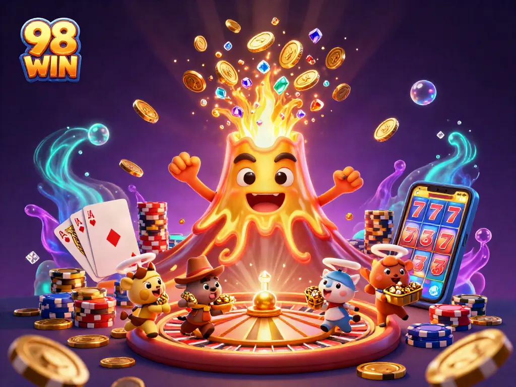 Engage in thrilling games at 98 WIN, where a golden volcano erupts coins and treasures!