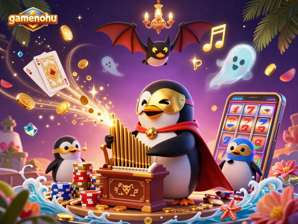 Experience gamenohu magic with a cartoon penguin playing an organ amid swirling casino riches.