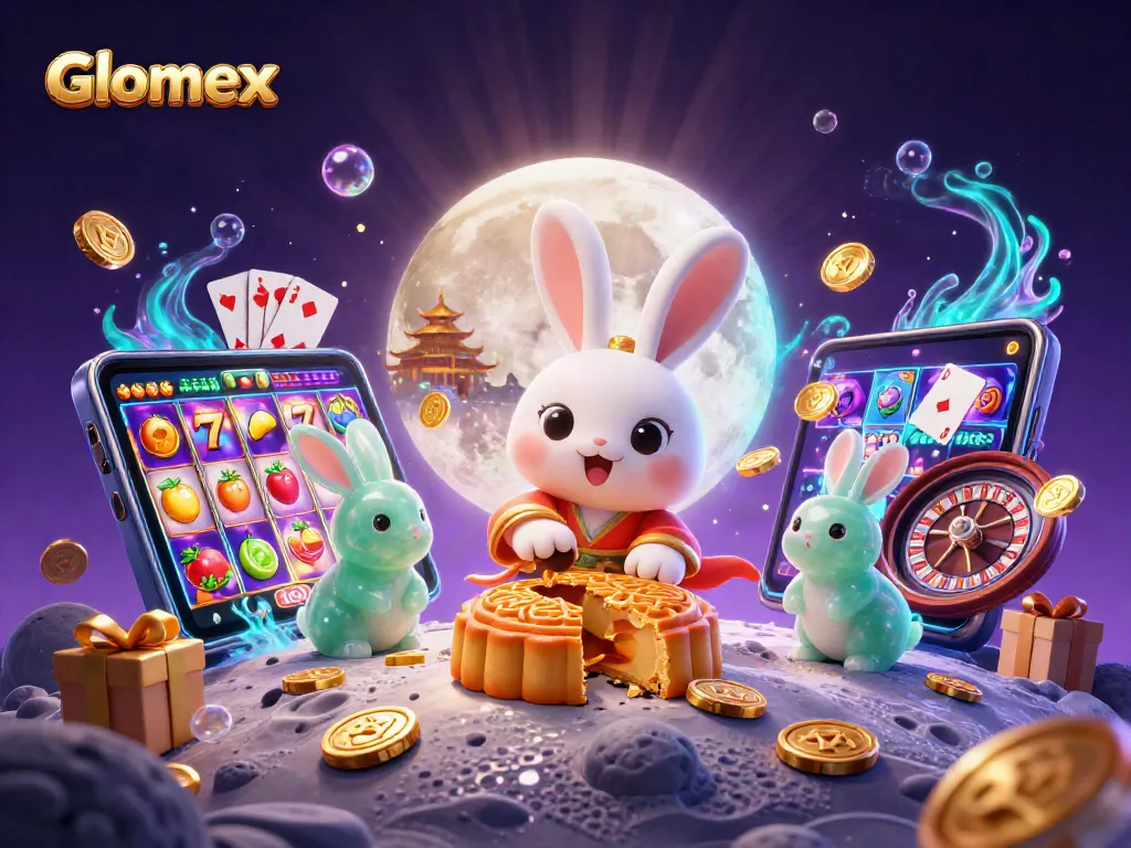 Glomex, a moon rabbit character, plays casino slots amid glowing lunar décor and poker-themed elements.
