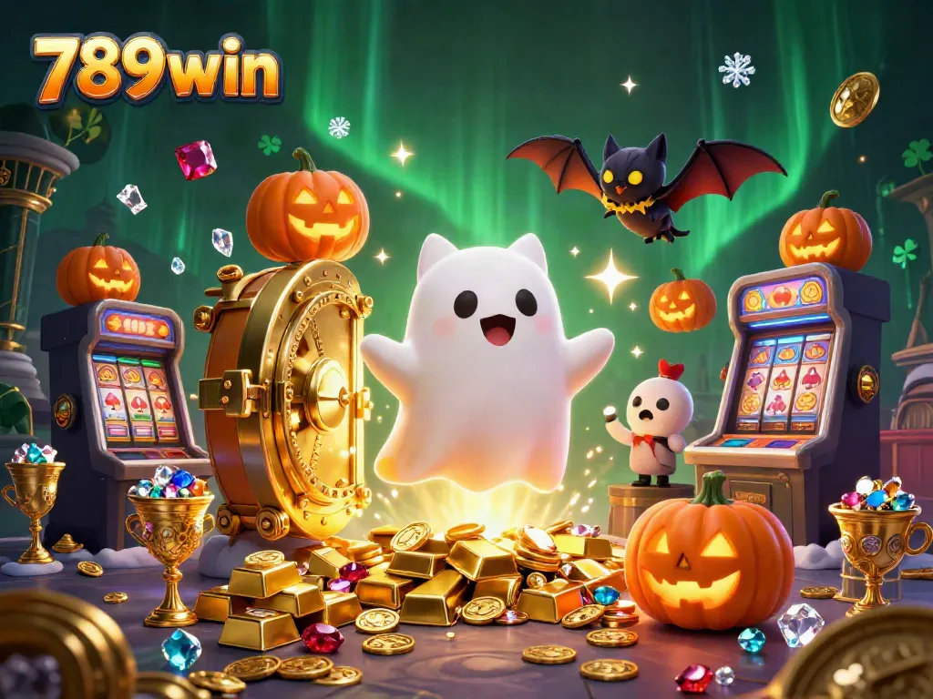 Experience the thrilling atmosphere of 789win with a friendly ghost cat and treasure in a haunted casino setting.