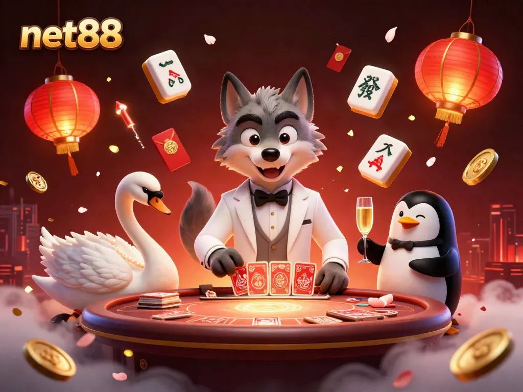 Play your favorite games with net88, featuring a debonair wolf at the baccarat table alongside a swan dealer and penguin sommelier.