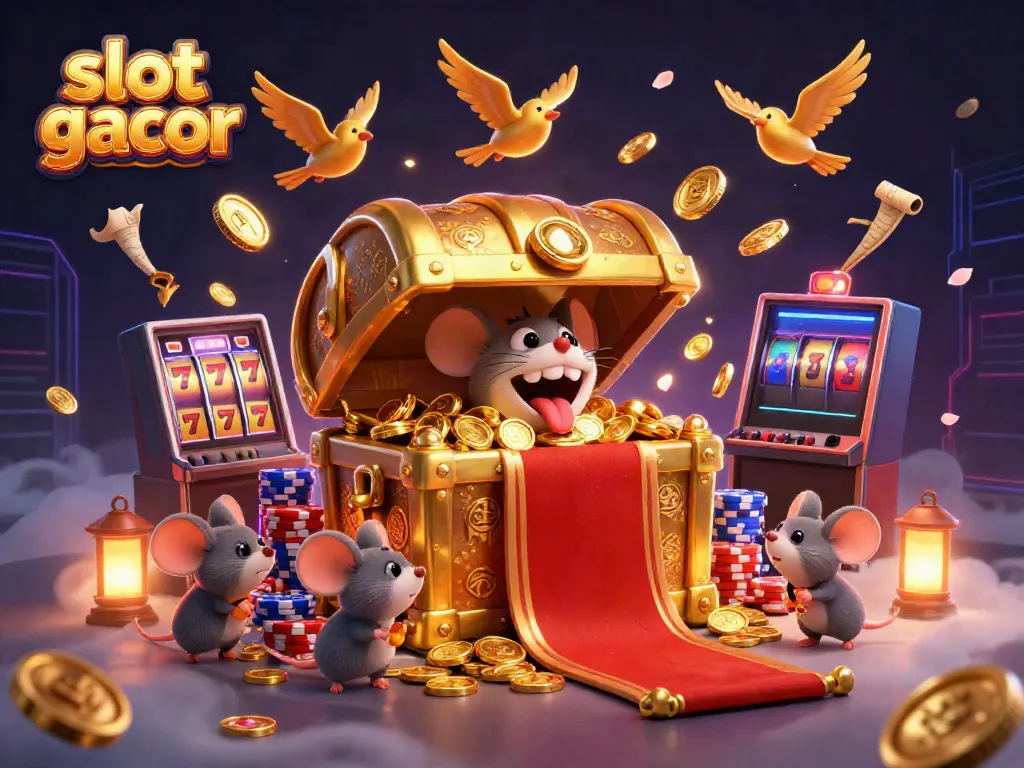 Engaging illustration of slot gacor featuring treasure chest, gold coins, and vibrant slot reels.