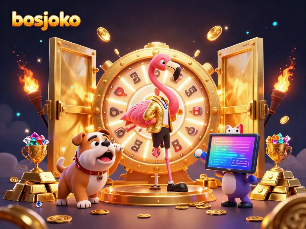 Engaging bosjoko-themed gaming illustration with vibrant characters and gold prizes, perfect for casino enthusiasts.