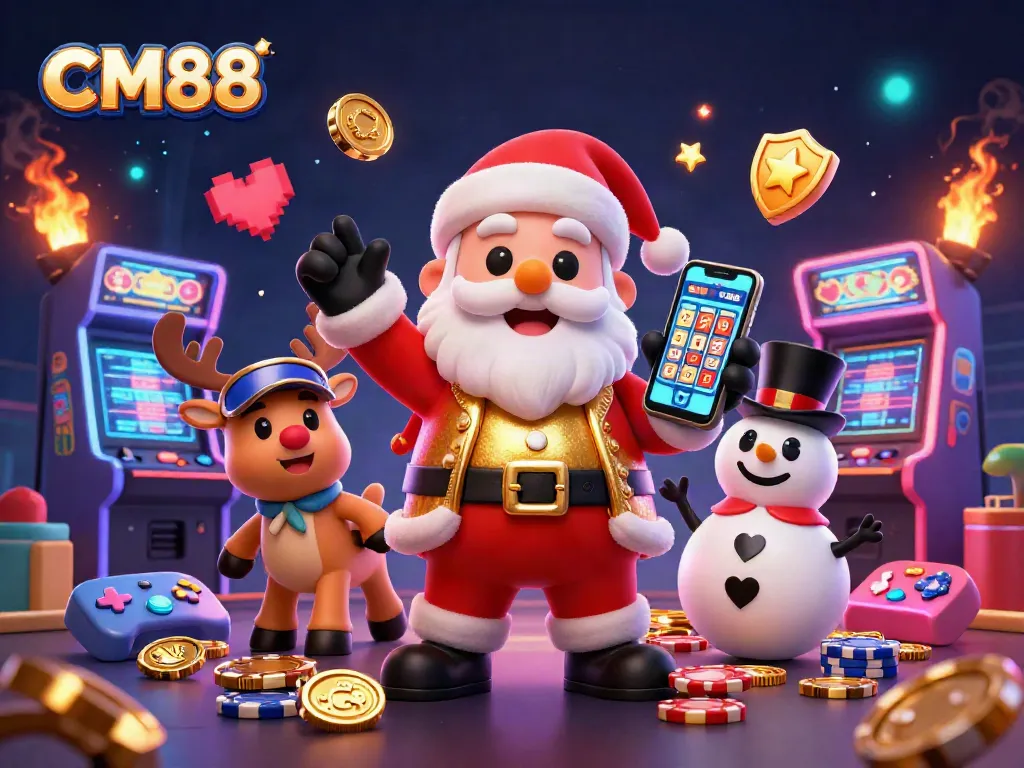 Experience the excitement of CM88 with Santa and friends enjoying jackpot slots in a vibrant casino scene.