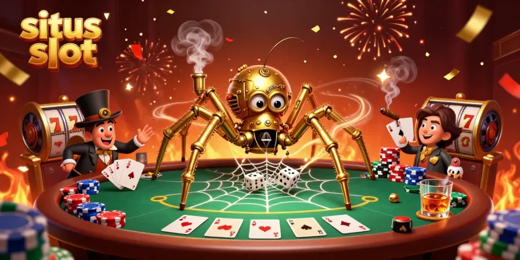 Gambaran situs slot dengan laba-laba steampunk dan gentleman, dikelilingi permainan poker.