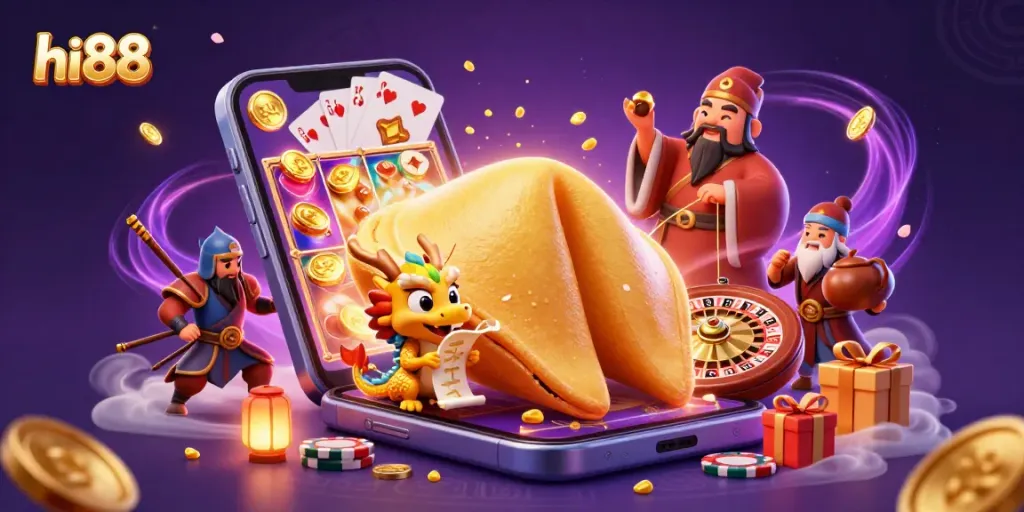 hi88 players engage with a vibrant golden gaming scene, blending slot games and fun.