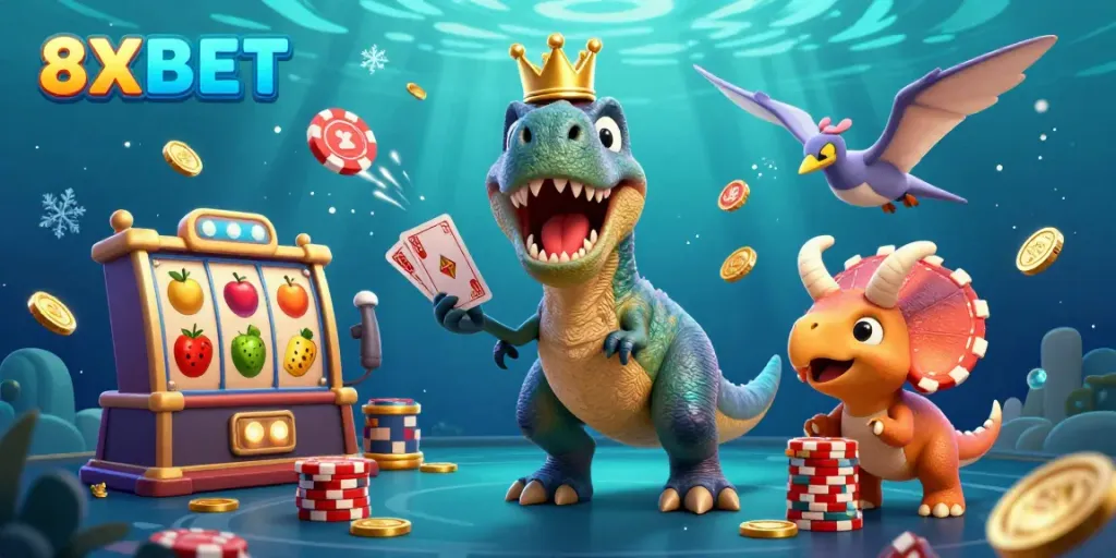 Engage with the fun of 8XBET where a T-Rex shuffles cards alongside a pterodactyl and a triceratops in a vibrant casino setting.