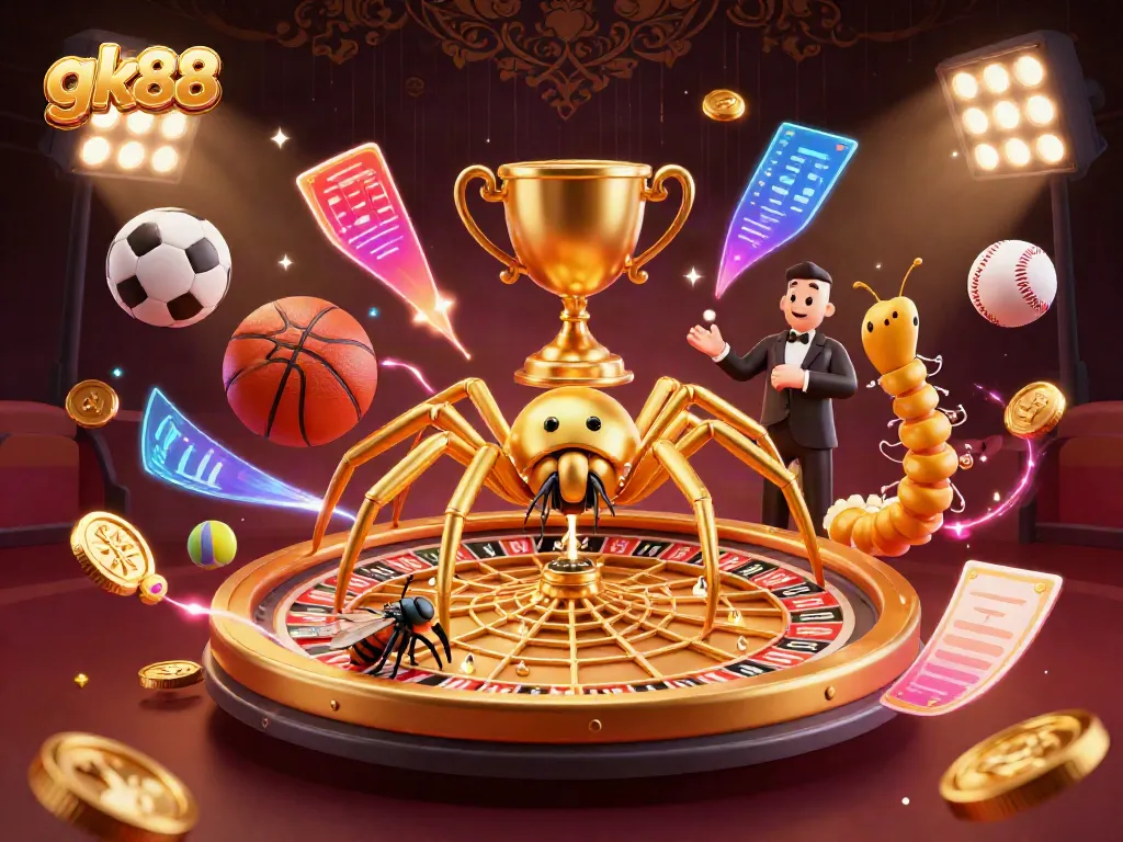 Experience the thrill of bets at GK88 with a dynamic roulette-themed casino scene featuring a golden spider and sports elements.