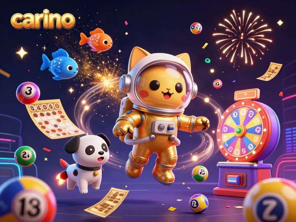 Carino showcases a dynamic casino scene with an astronaut cat, robot dog, and lottery elements in space.